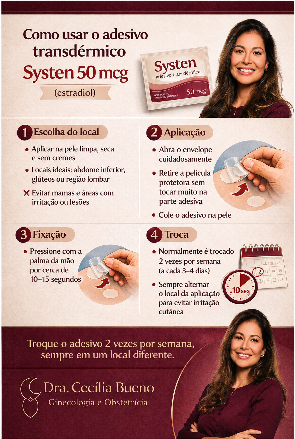 Conteúdo educativo: como usar o adesivo transdérmico Systen 50 mcg (estradiol) — Dra. Cecília Bueno